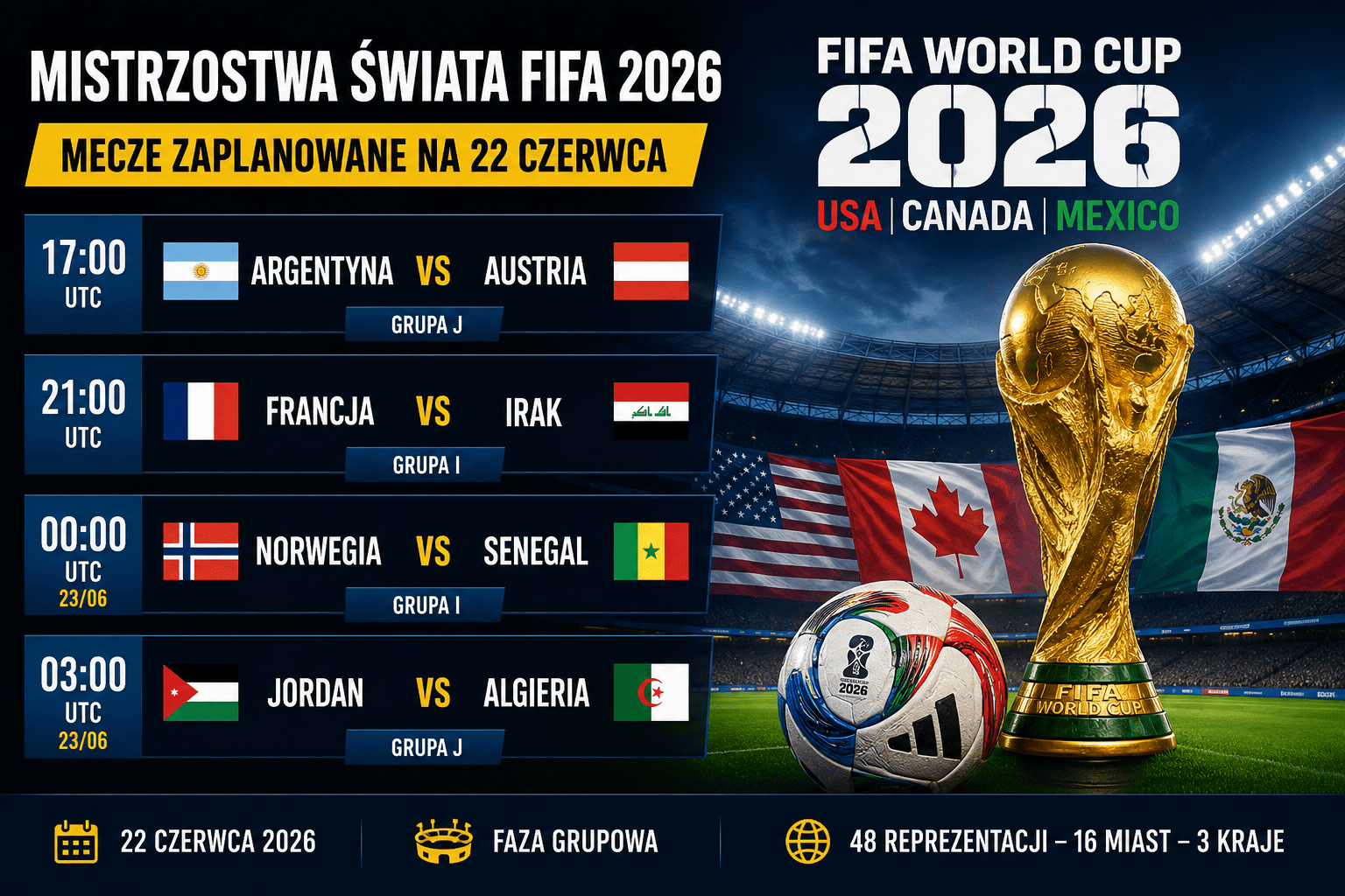 Mistrzostwa Świata FIFA 2026. Mecze zaplanowane na 22 czerwca