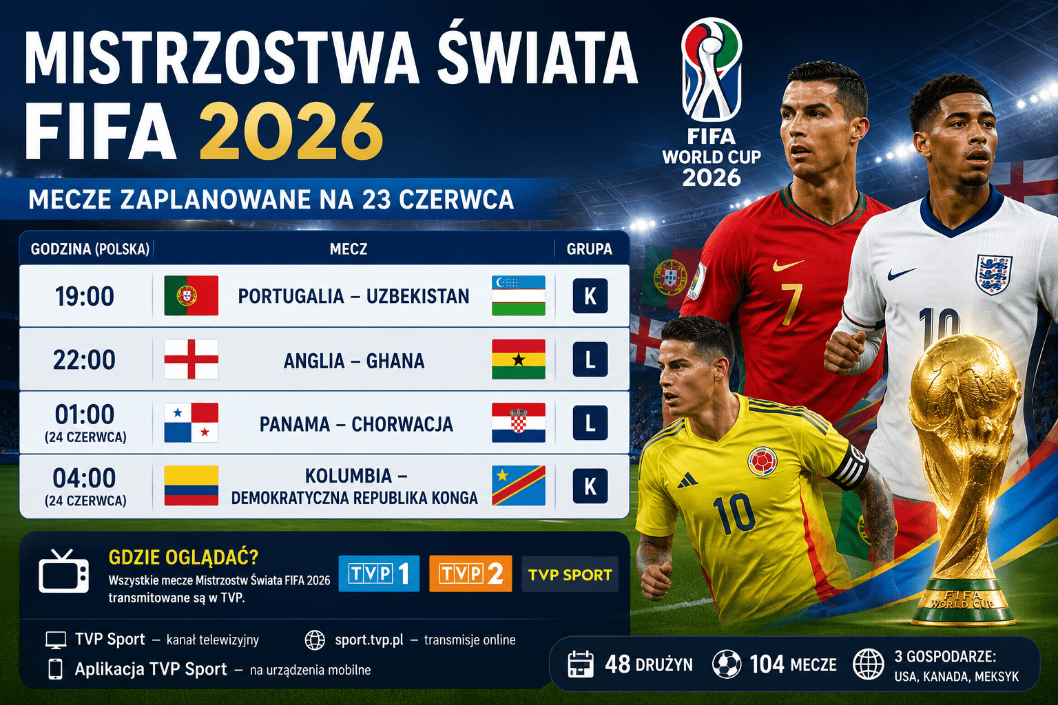 Mistrzostwa Świata FIFA 2026. Mecze zaplanowane na 23 czerwca – godziny w Polsce i transmisje